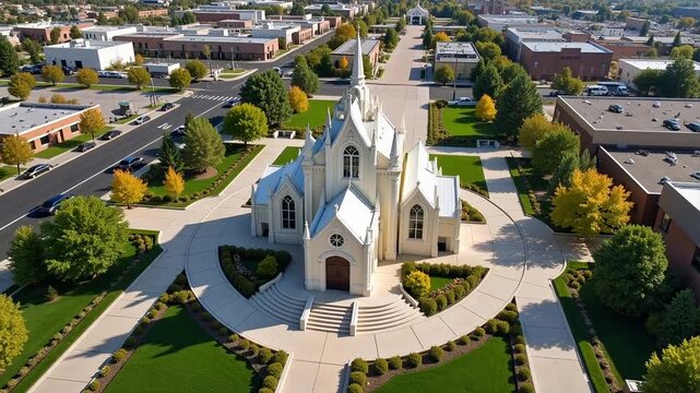 Stunning aerial view of Provo Utah religious temple in vibrant downtown, perfect for travel, tourism, and urban development videos