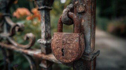 Rusty padlock hangs on a wrought iron gate in a serene garden setting surrounded by lush greenery and blooming flowers