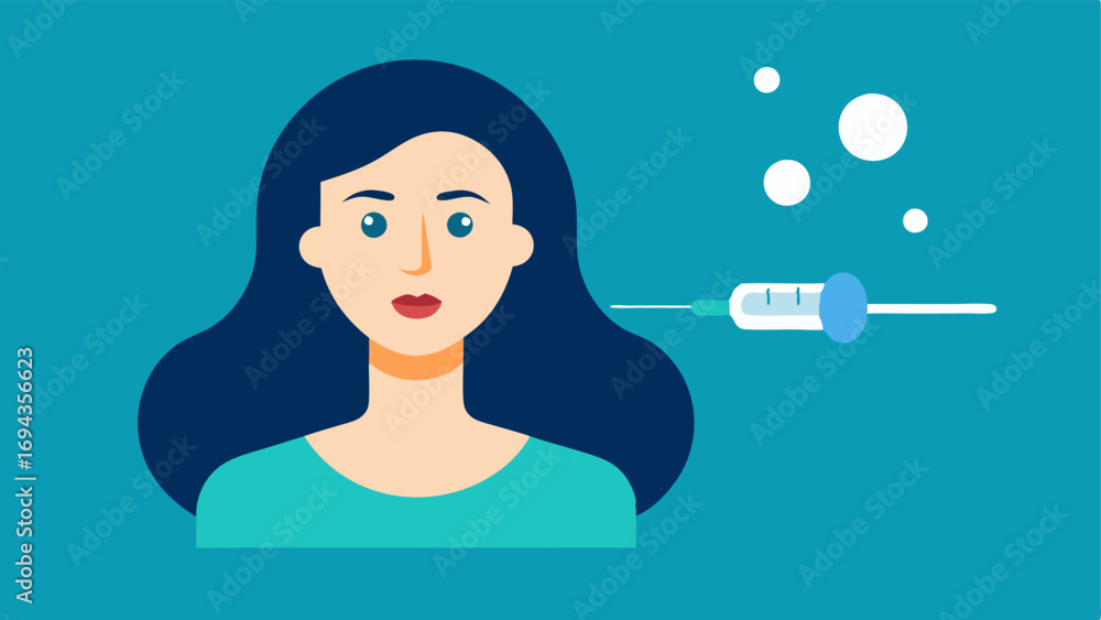 Poster exosome injection a vector of a syringe filled with exosomes hovering above a womans cheek demonstra