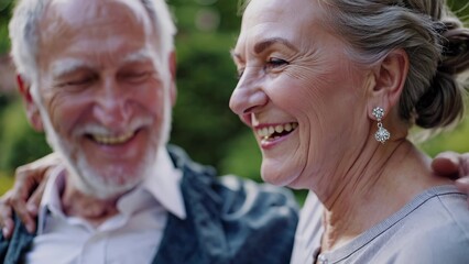 An older couple smiling and laughing. Couple of elderly people outdoors casually. Love the nature and the clothing. A senior couple grinning and enjoying a laugh lifestyle.
