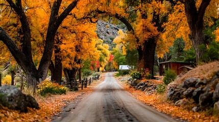 Quiet country road covered in fallen leaves, disappearing over a hill. The road is lined on both sides with vibrant golden-yellow autumn trees.