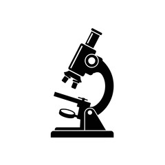 Black and white illustration of a laboratory microscope on a white background, representing scientific research and discovery