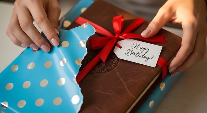Woman opening birthday gift book.