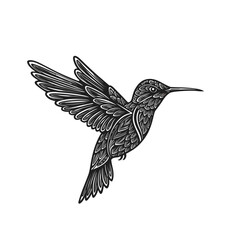 Stylized monochrome illustration of a dynamic hummingbird in graceful mid-flight, its delicate wings spread wide, capturing the intricate beauty of this agile avian creature in graphic detail