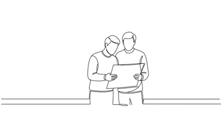 Two people with chart together in outlined illustration  