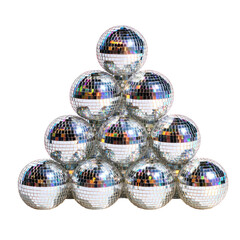 Mini disco balls arranged in a triangle or stacked form on transparent background