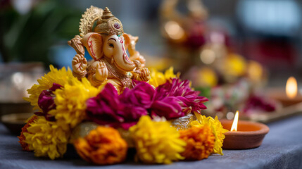 Fototapeta premium A fusion Ganesh Chaturthi celebration with global elements Ganesha idol decorated with international flowers and lights from various cultures fusion festival global Ganesha int
