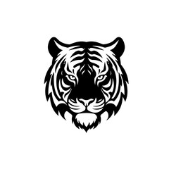 A striking black and white illustration of a fierce tiger's face, showcasing its intense gaze and iconic stripes