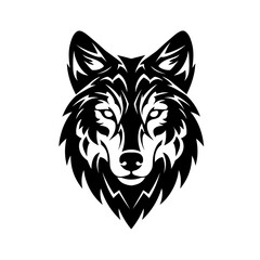 Striking black and white graphic illustration of a fierce wolf's head with intense eyes, tribal design elements