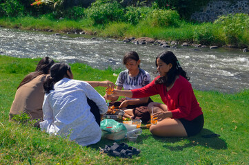 Four teenage girls sit near the river, grilling skewered sausages on a small stove while one hands...