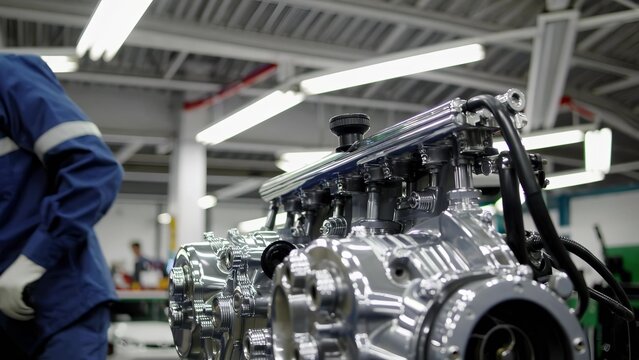 Man in blue overalls is working on large engine. Male factory worker working on a motor. A factory assembly of industrial machinery. A man dressed in blue coveralls is repairing a large lifestyle.