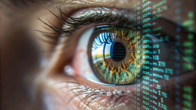 Proactive risk management reflected human eye with digital code overlay showing focus - Powered by Adobe