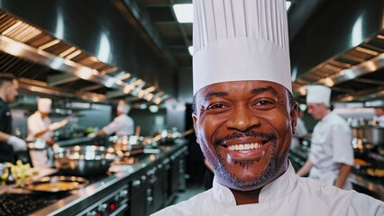 Chef in a kitchen. Chef cooking in a commercial kitchen. Professional male staff busy preparation. Cook in a kitchen lifestyle.