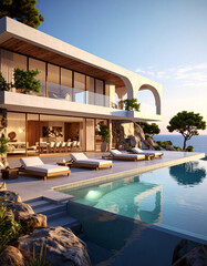 Fototapeta premium Luxury pool villa overlooking the sea ideal vacation retreat modern architecture serene environment captivating view