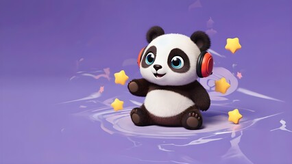 Naklejka premium Adorable cartoon panda listening to music with headphones surrounded by glowing stars on purple background, cute 3D character design for children and playful creative projects