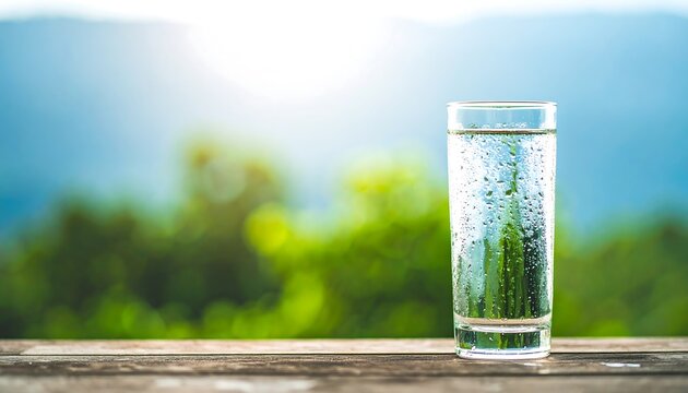 Glass of water on a wooden deck with a blurred mountain background