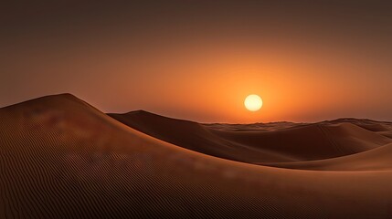 A breathtaking desert sunset, highlighting the golden sun over rolling sand dunes.