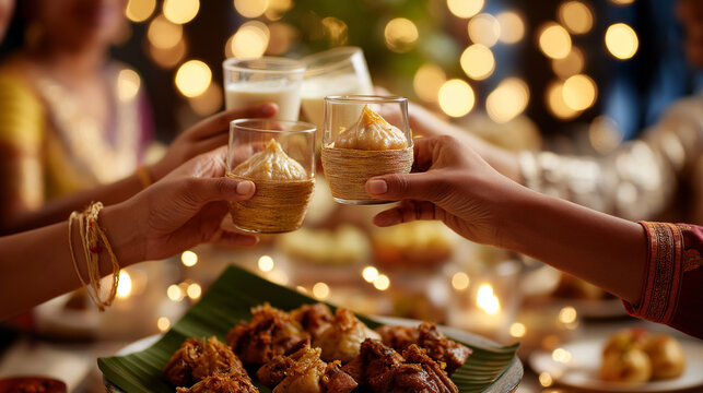 A fusion Happy Ganesh Chaturthi feast with traditional modaks alongside global sweets on a banquet table family toasting with lassi under string lights cultural dances in the bac