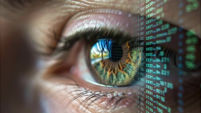 Proactive risk management closeup human eye with digital code overlay for security and technology focus, proactive risk