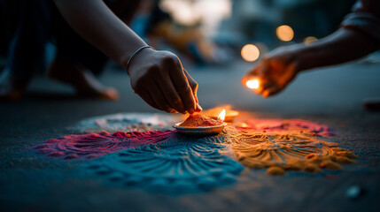 A artistic Happy Ganesh Chaturthi rangoli competition with intricate Ganesha designs made from colored powders artists adding final touches under spotlights rangoli Ganesh