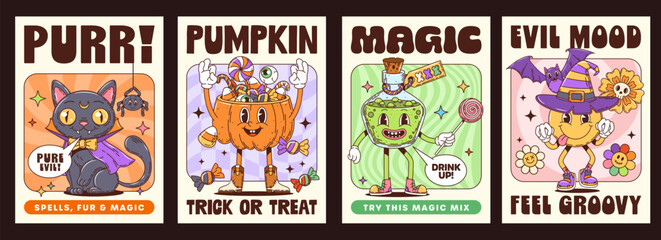 Funny Halloween groovy characters, posters with scary cartoon monsters, vector set. Groovy Halloween posters for horror holiday and trick or treat party with witch smile, black cat and magic potion