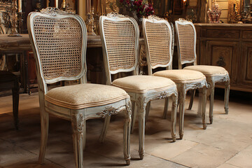 Elegant vintage chairs with cane backs arranged in a row, ideal for luxury home decor or interior design projects