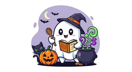 Cute Ghost Brewing Halloween Potion.
