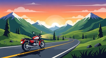Red Motorcycle Mountain Road Sunset.