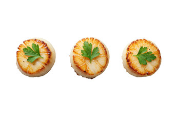 Three perfectly seared golden scallops with parsley garnish and sea salt, on a transparent seamless background from a 45-degree angle, high-key studio food photography concept of culinary perfection