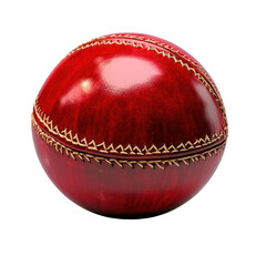 Red cricket ball with seam stitching detail shiny surface on transparent background