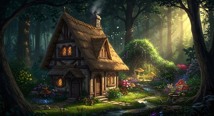Fototapeta premium Medieval-inspired fantasy cottage with a thatched roof and a hidden fairy garden | Creative Modern Art Piece