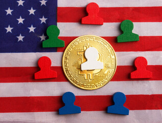 Figures of people and cryptocoin against the background of the US flag