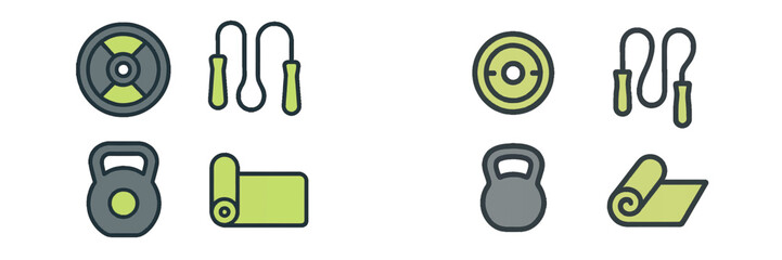 Fitness equipment icons: weight plate, jump rope, kettlebell, yoga mat