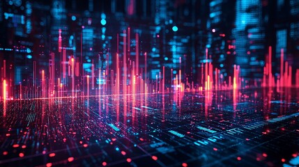 Abstract Digital Data Flow  Neon Cityscape  Technology Background