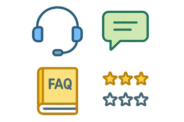 Essential customer service support, online communication, frequently asked questions, and feedback rating system icons