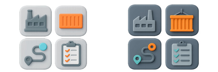 Logistics and supply chain management with factory, shipping container, delivery route, and checklist elements