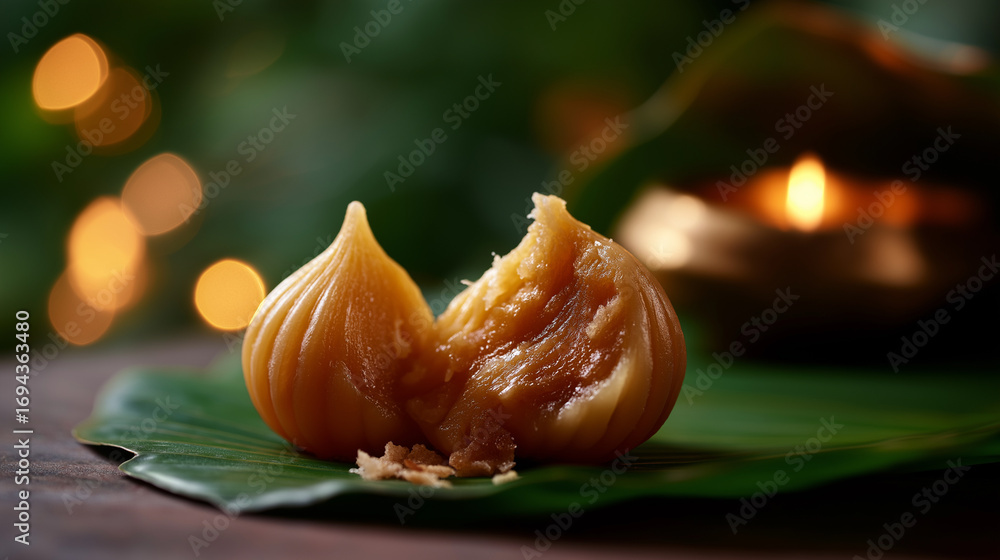 Poster a close up of a single modak with a golden sheen split open to reveal gooey coconut jaggery filling 