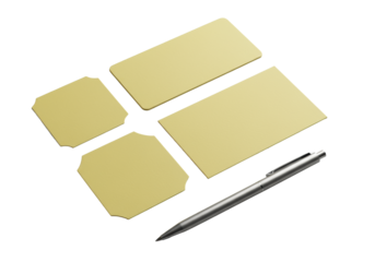 Three elegant soft yellow paper labels with fine texture and a sleek silver pen arranged on a clean transparent studio background with bright, even lighting, concept of minimalist stationery design