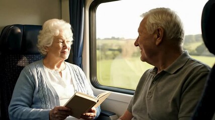 An elderly couple sits on a train, one reading a book, peaceful travel atmosphere outside - Powered by Adobe