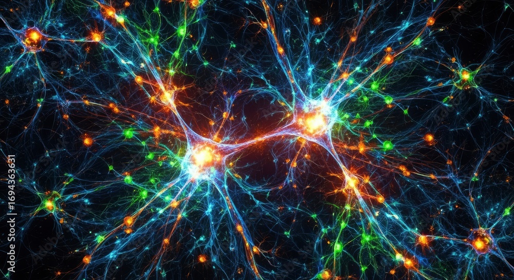 Poster a complex glowing network of interconnected bright nodes and branching filaments in vivid blue orang