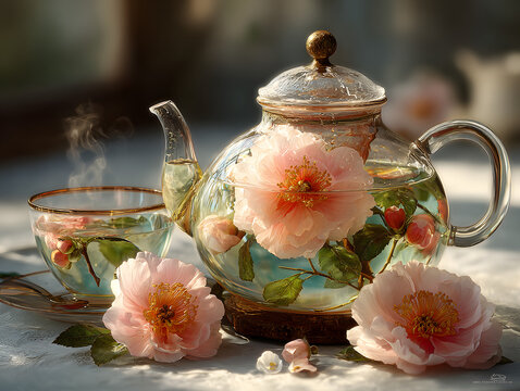 Glass teapot blooming flowr tea with teacup bed ffd e c fbeca pink flowers trasparent delicate cozy warmfloral aromatic beverage ht drink