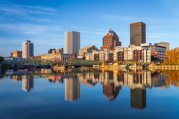 Rochester, New York, USA Skyline on the Genese River at Twilght