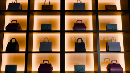 格子状の棚に高級なブランドバッグが陳列されているイメージ
