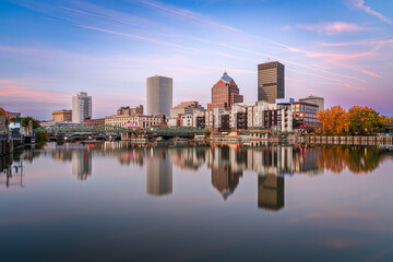 Rochester, New York, USA Skyline on the Genese River at Twilght