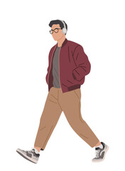 Flat vector illustration of a man with glasses in a burgundy bomber jacket, beige chinos, and sneakers, walking while listening to music with headphones. Modern casual style design