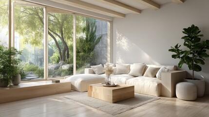 Fototapeta premium Modern Living Room, Neutral Decor, Indoor Plants, Cozy Home