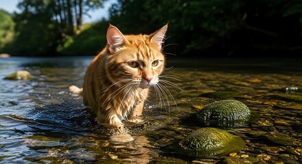 Ginger Cat Wading in River.