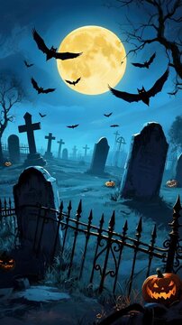 A spooky graveyard full moon with flying bat, carved pumpkin, iron fence, eerie mist, and old tombstone create haunting halloween night atmosphere, featuring bats, tombstone, pumpkin, spooky dark ee