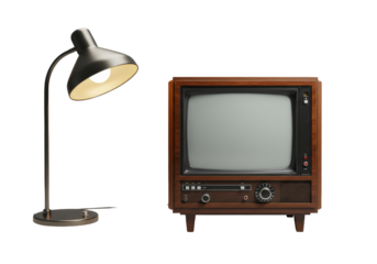 Vintage deep brown television with blank screen, speaker grill, and analog controls, next to unlit minimalist lamp on transparent studio background, elegant product design showcase.
