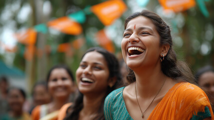 Fototapeta premium A dynamic modak eating contest at a Ganesh Chaturthi community event participants laughing as they race to eat sweets cheering crowd and festive banners modak contest Ganesh